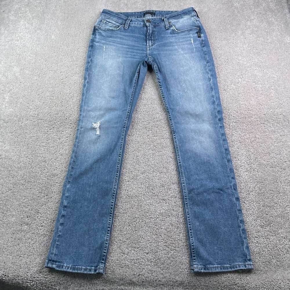 Silver Jeans‎ Womens 29 Blue Elyse Straight Leg Distressed Stretch Denim Grunge